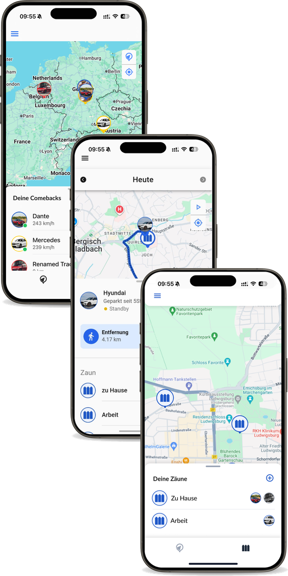 Comeback App auf drei Smartphones – Fahrzeuge immer dabei